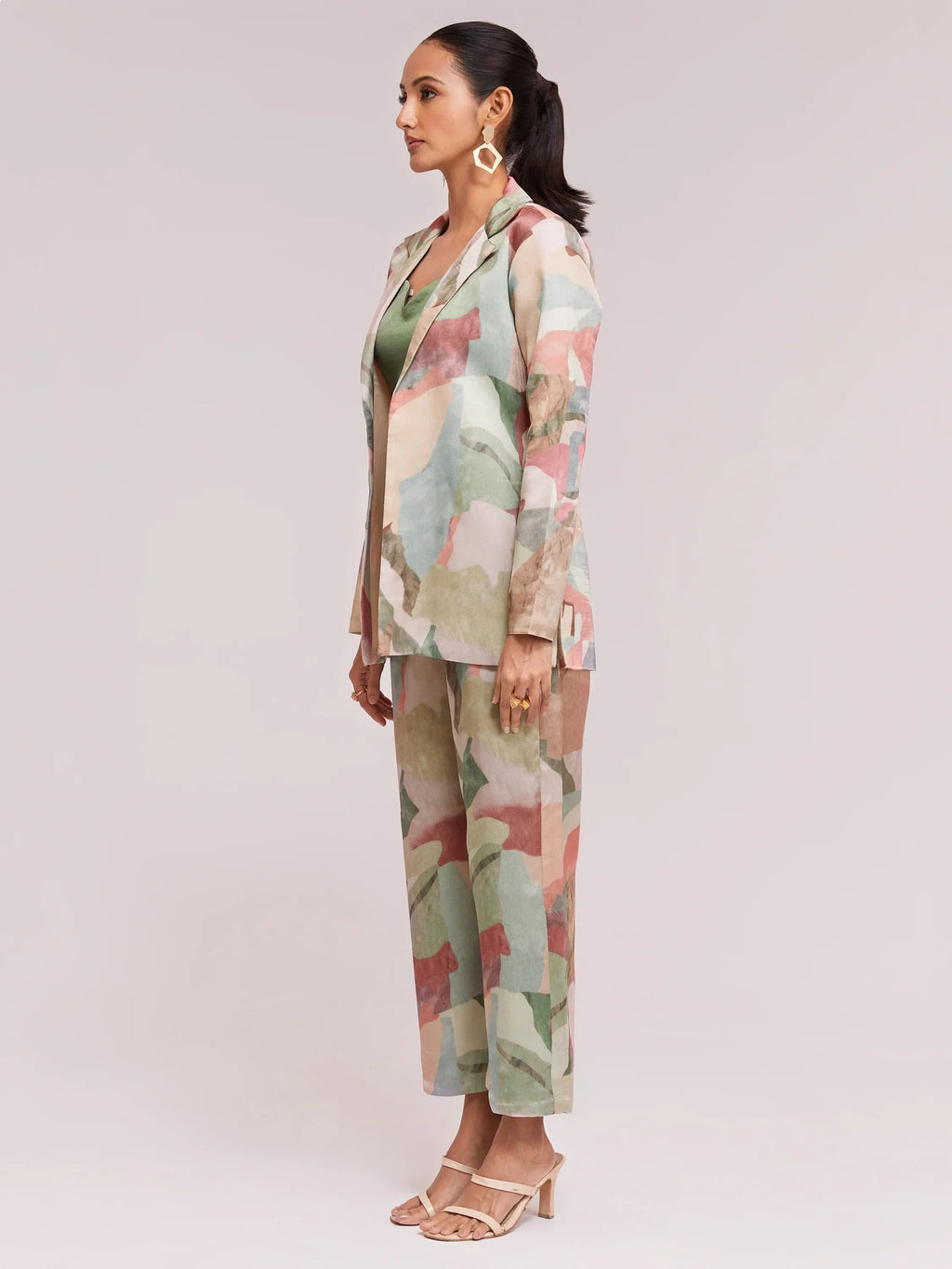 Excellent Multi-Color Satin Stylist Crop Top And Pant With Blazer