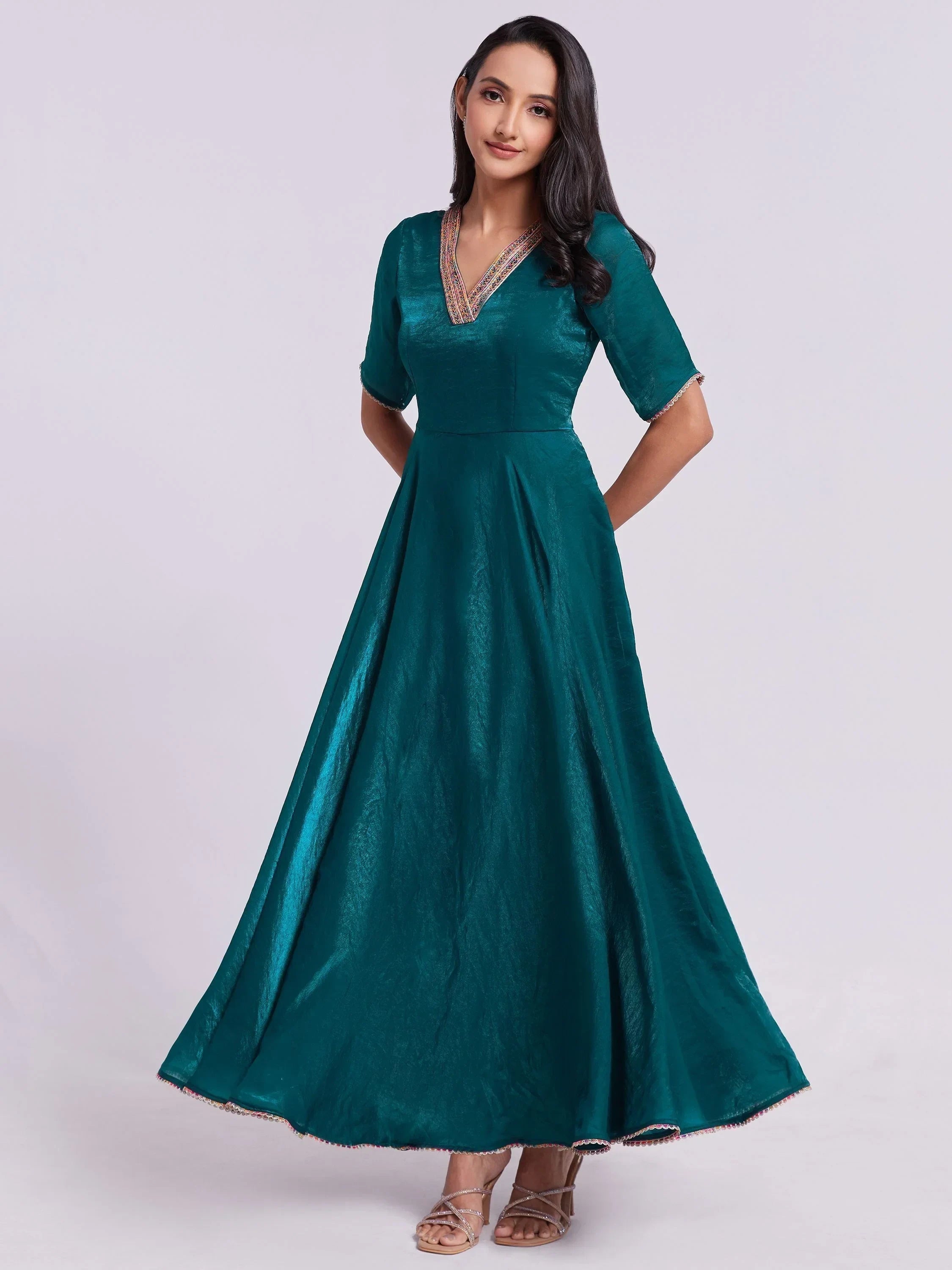 Excellent Teal Blue Lace Work Organza Festival Wear Gown