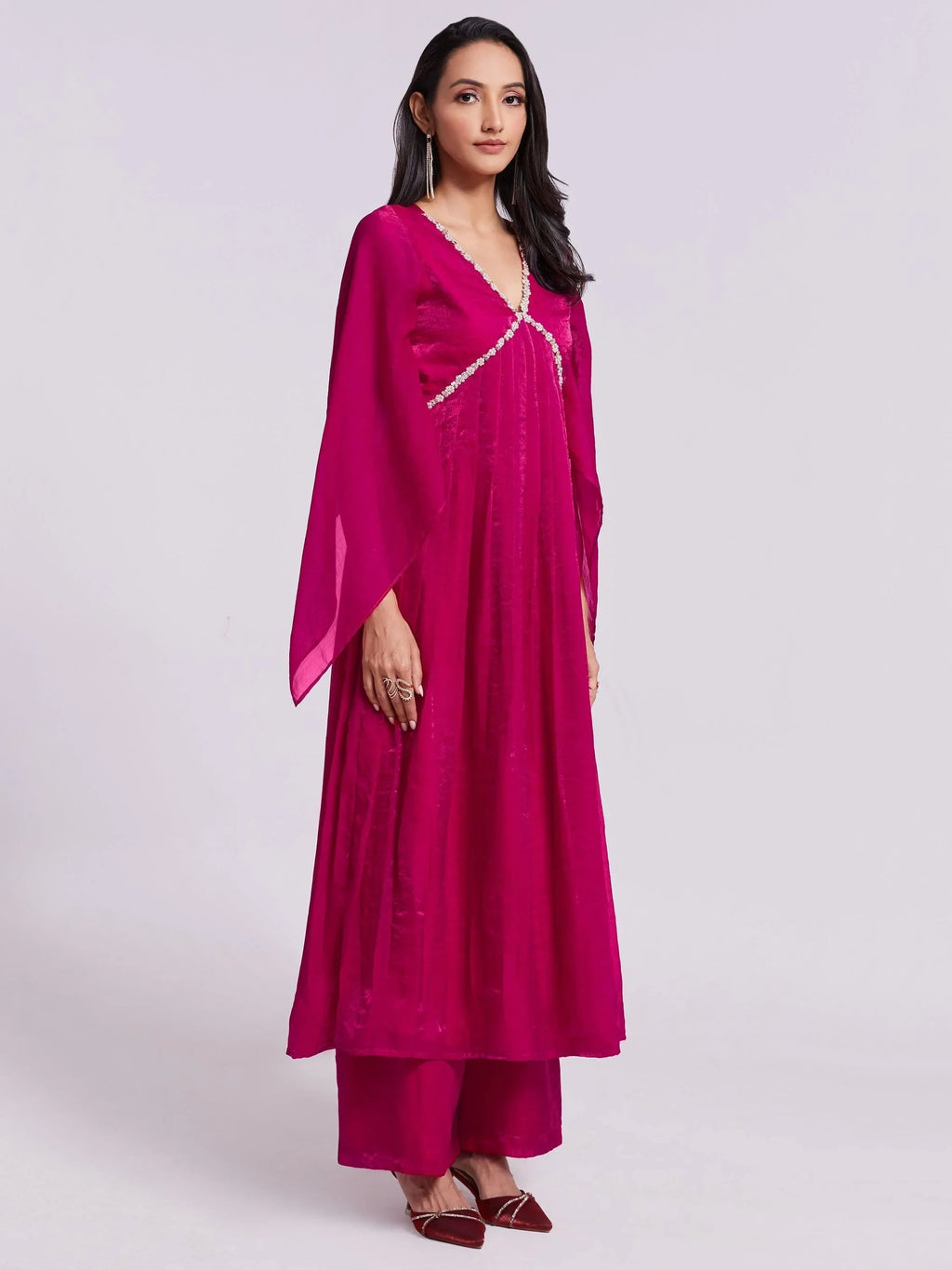 Awesome Pink Lace Work Organza Designer Kurta With Palazzo