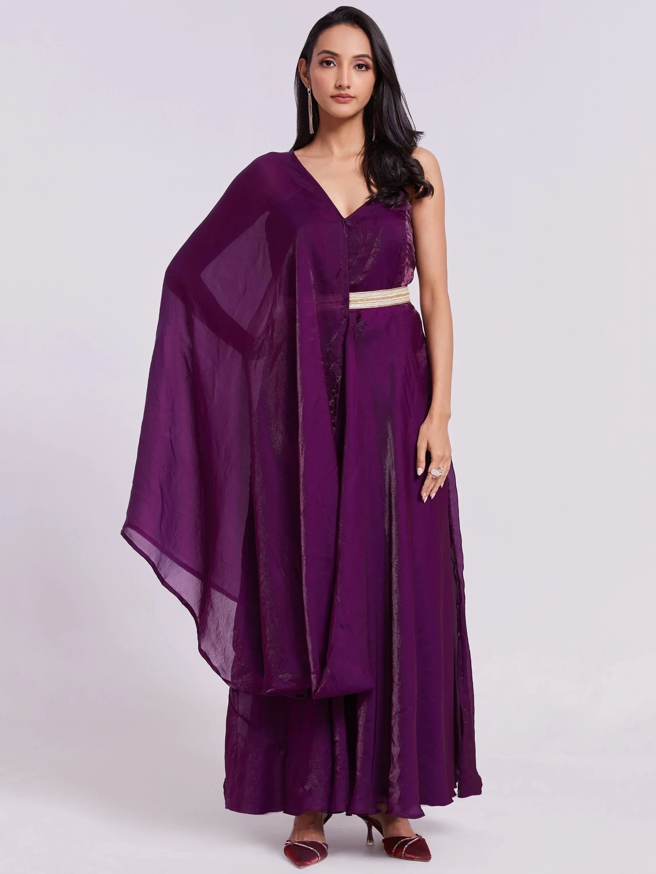 Wonderful Wine Organza Festival Wear Gown With Dupatta