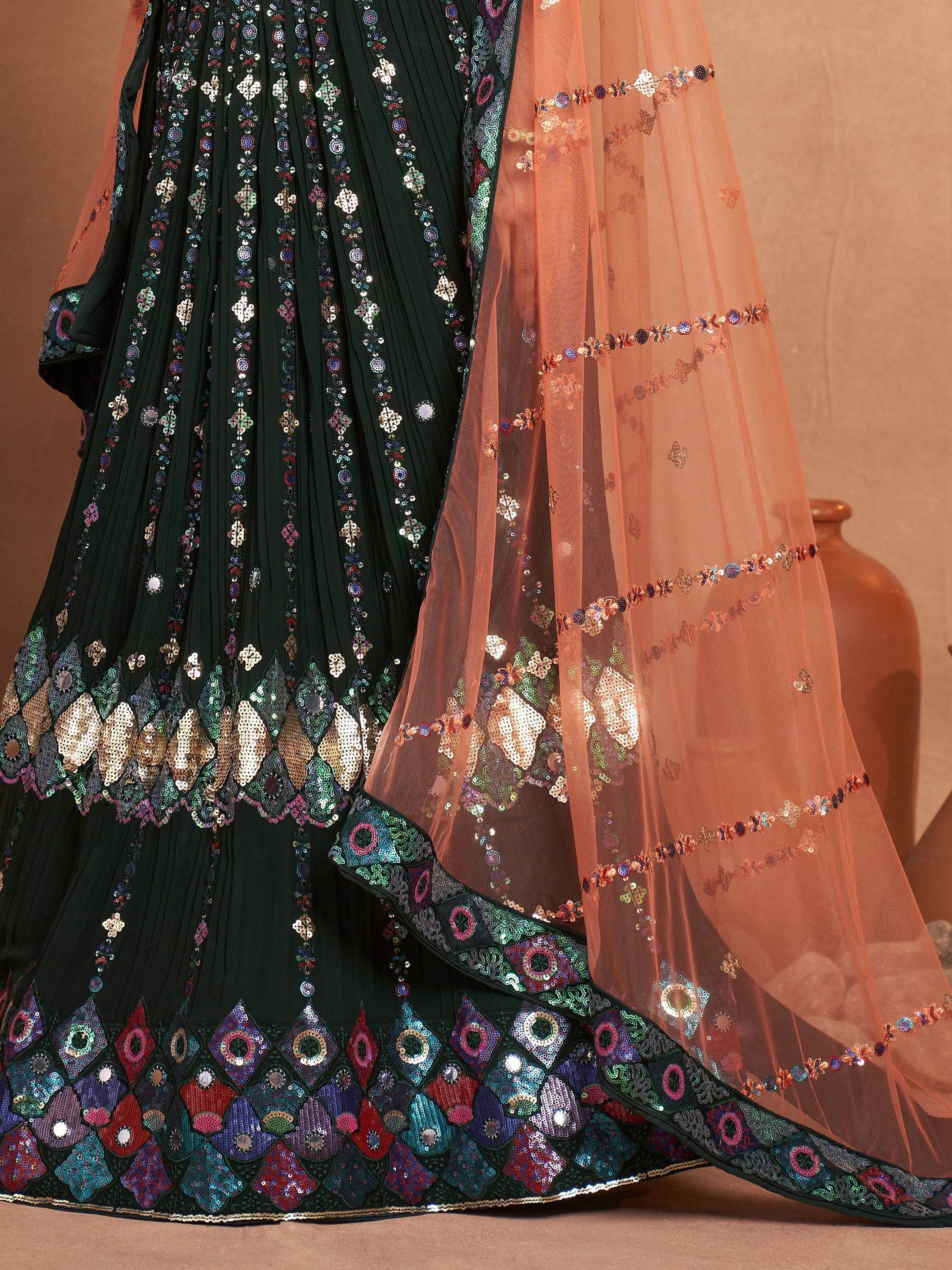 Charming Green Sequins Georgette Mehendi Wear Lehenga Choli