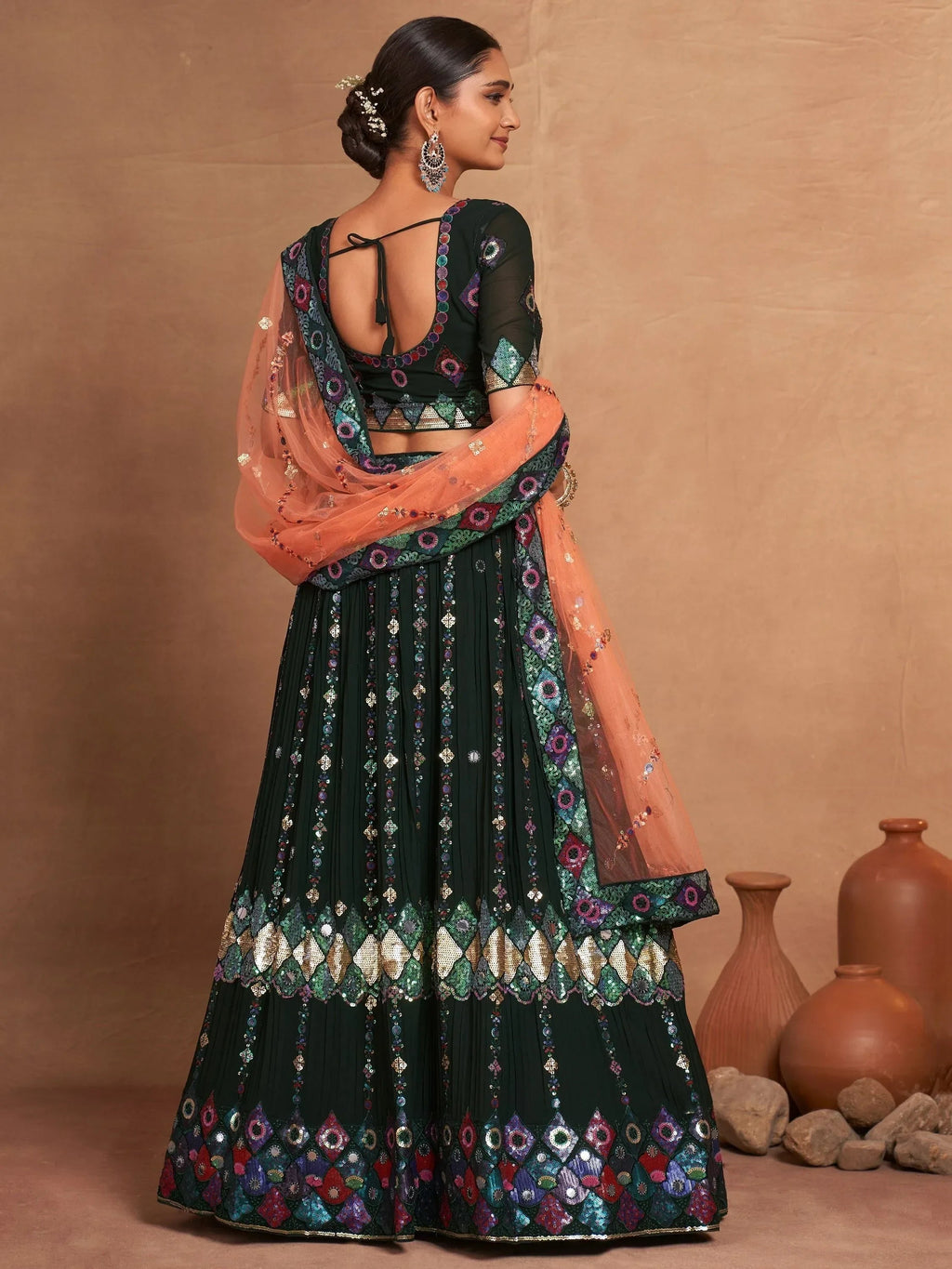 Charming Green Sequins Georgette Mehendi Wear Lehenga Choli