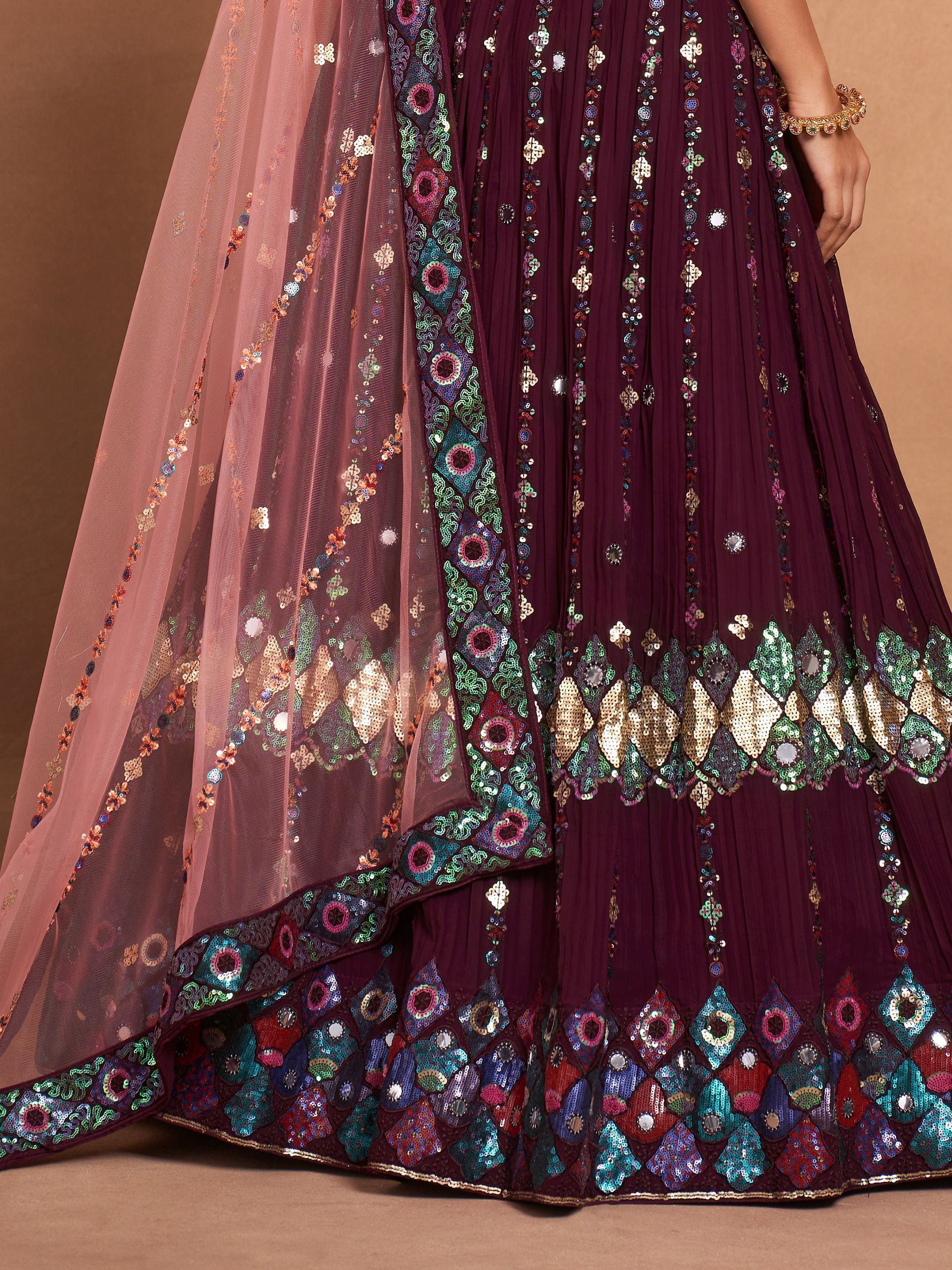 Precious Wine Embroidered Georgette Bridesmaid Lehenga Choli
