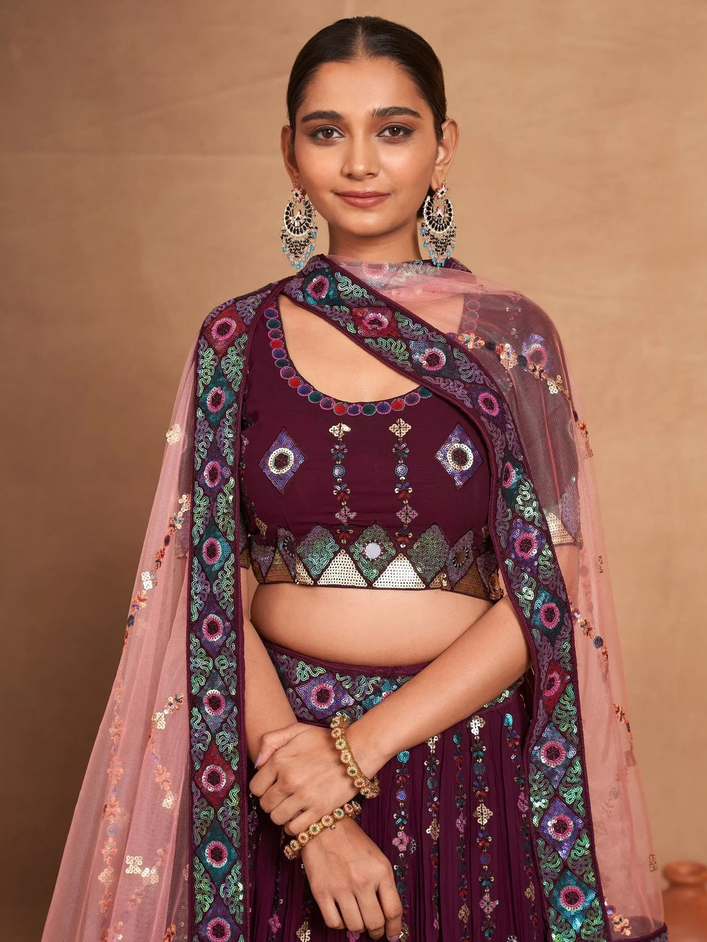 Precious Wine Embroidered Georgette Bridesmaid Lehenga Choli