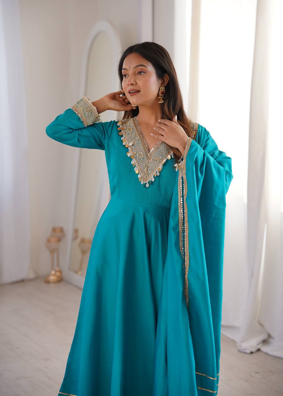 Roman Embroidered Patch Work Gown with Pant and Dupatta