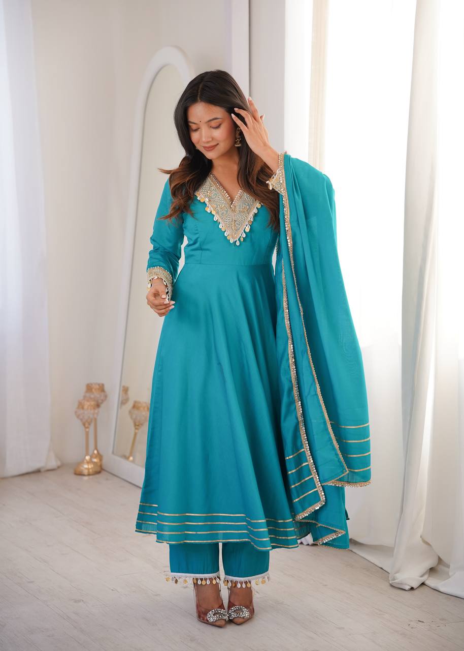 Roman Embroidered Patch Work Gown with Pant and Dupatta