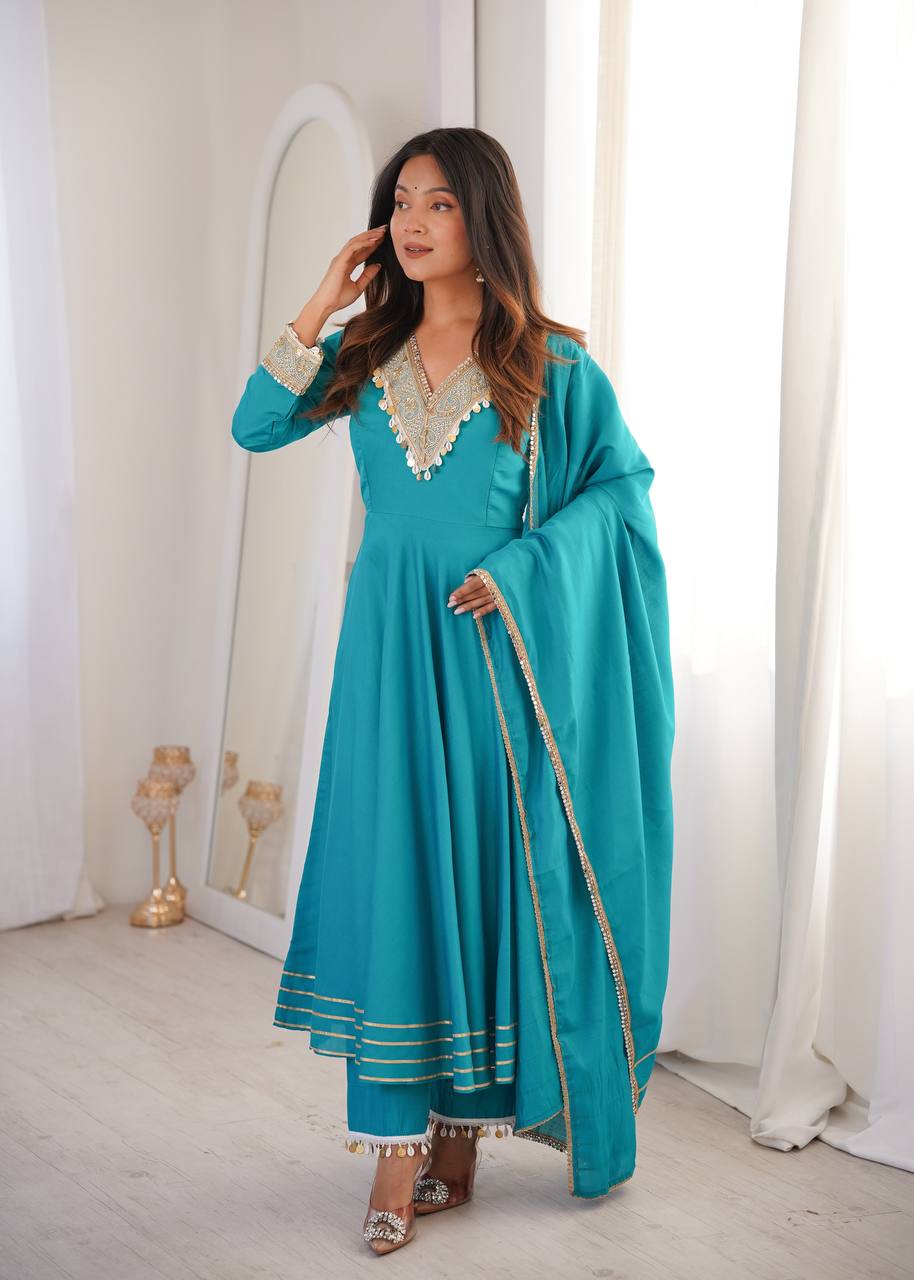 Roman Embroidered Patch Work Gown with Pant and Dupatta