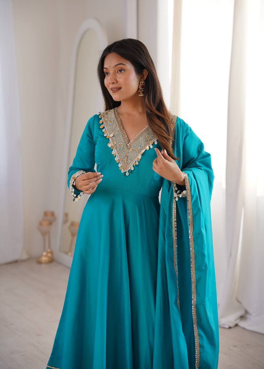Roman Embroidered Patch Work Gown with Pant and Dupatta