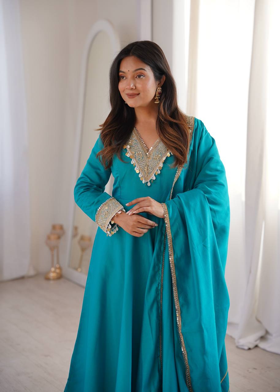 Roman Embroidered Patch Work Gown with Pant and Dupatta
