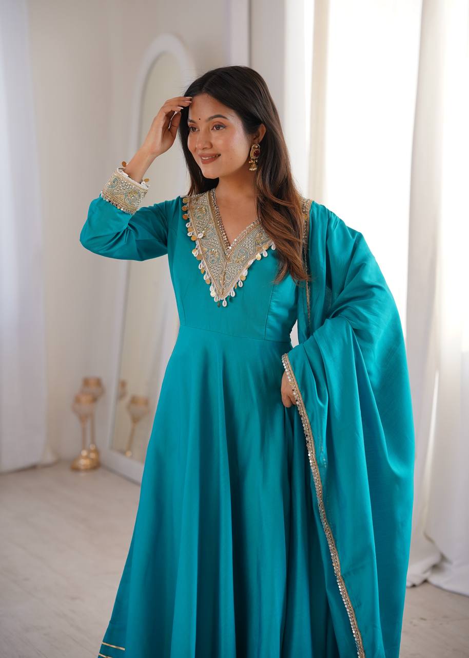 Roman Embroidered Patch Work Gown with Pant and Dupatta