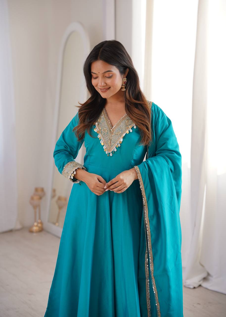Roman Embroidered Patch Work Gown with Pant and Dupatta
