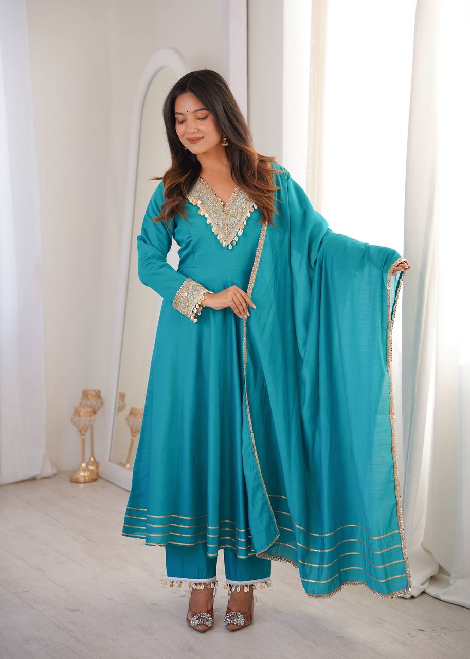 Roman Embroidered Patch Work Gown with Pant and Dupatta