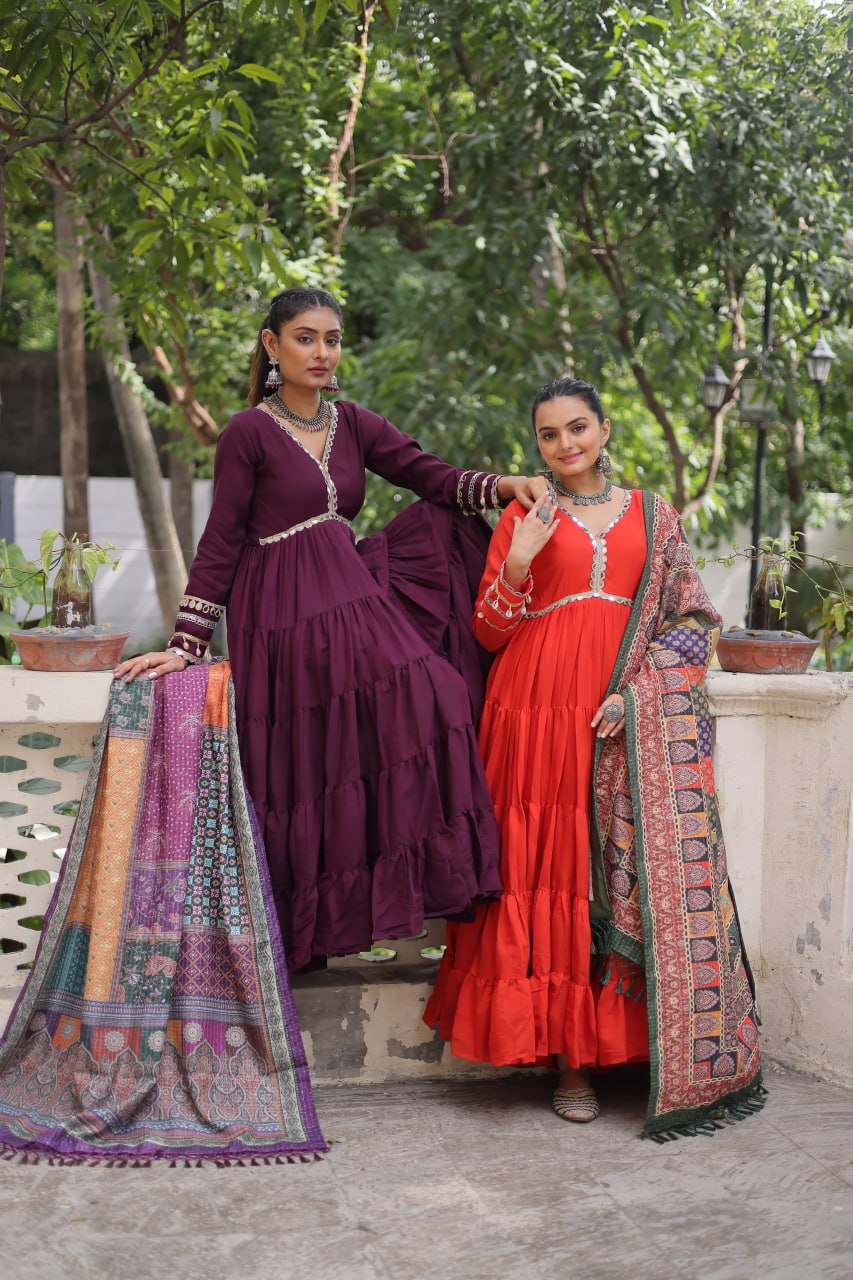 Roman Fabrics Gown with Maslin Crochet Dupatta