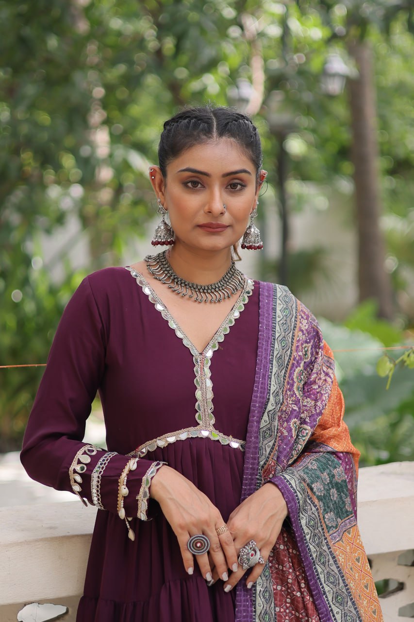 Roman Fabrics Gown with Maslin Crochet Dupatta