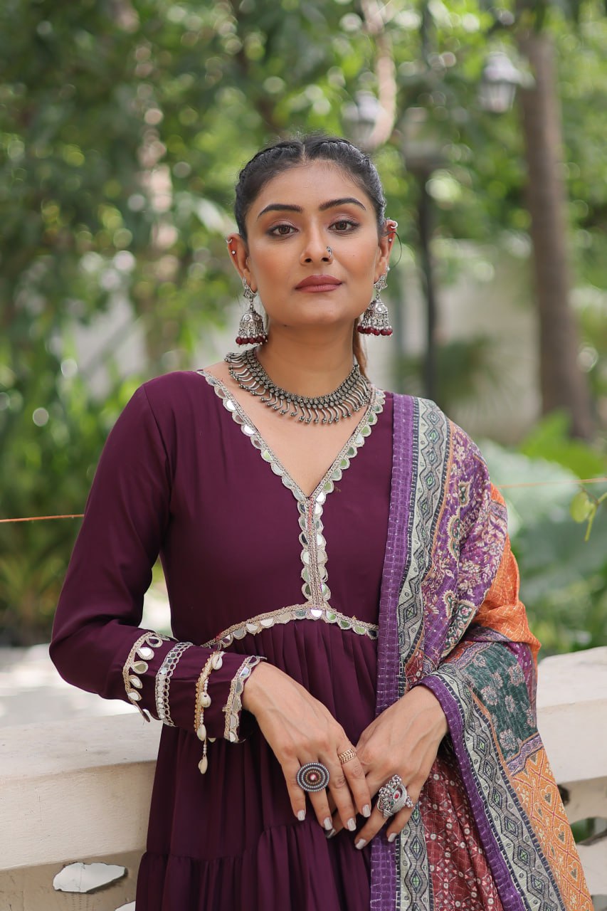 Roman Fabrics Gown with Maslin Crochet Dupatta