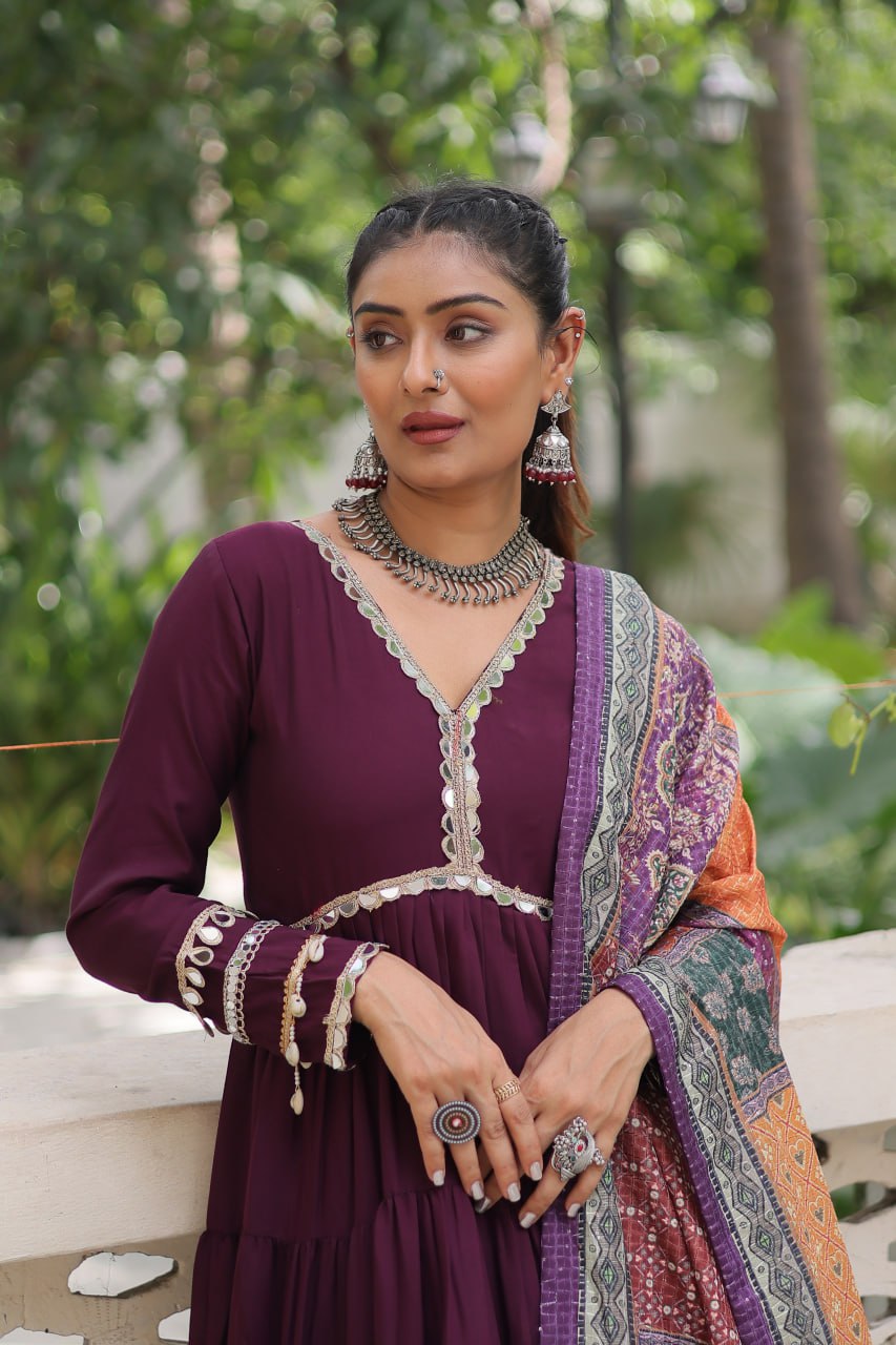 Roman Fabrics Gown with Maslin Crochet Dupatta