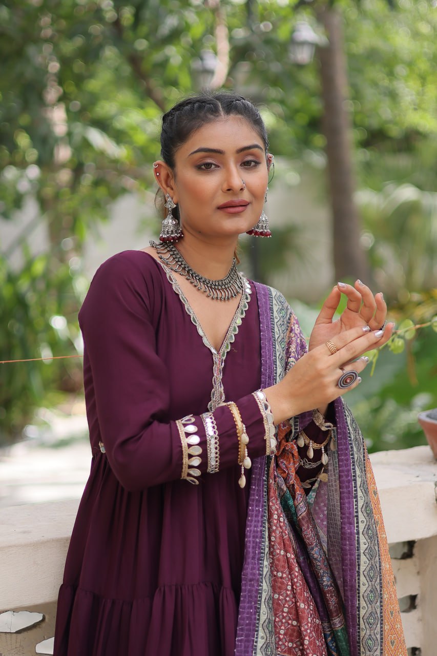 Roman Fabrics Gown with Maslin Crochet Dupatta
