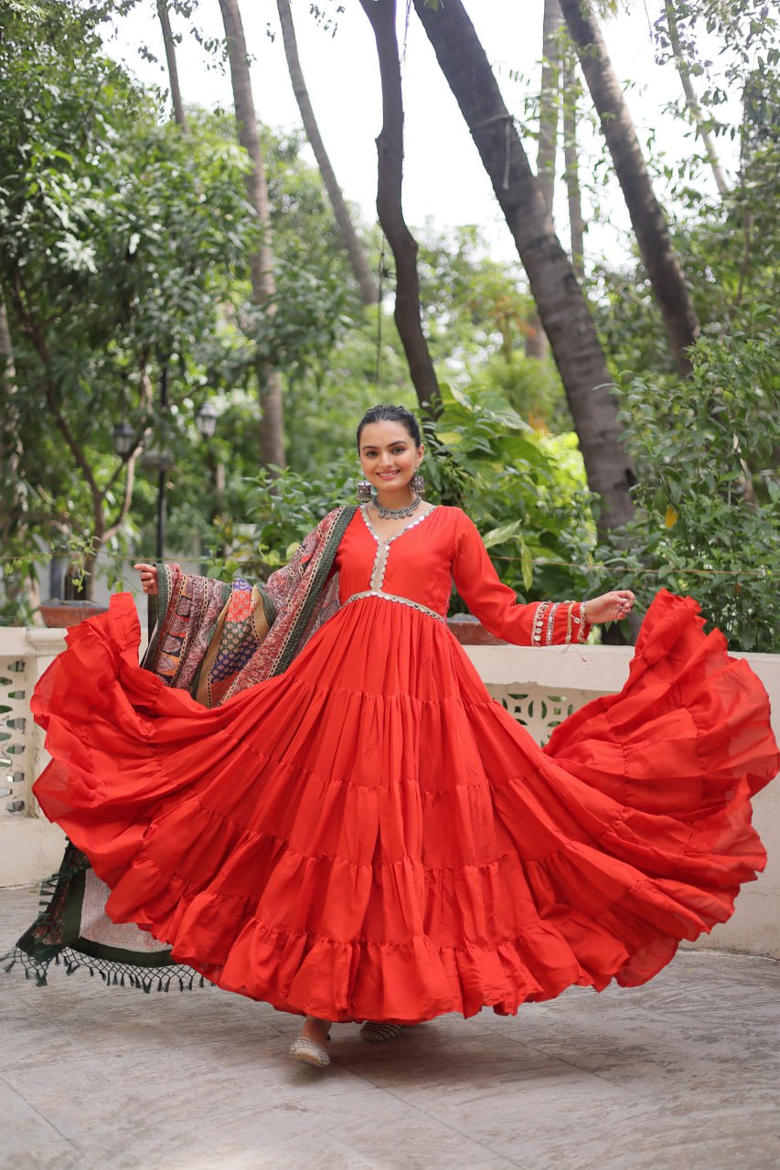 Roman Fabrics Gown with Maslin Crochet Dupatta