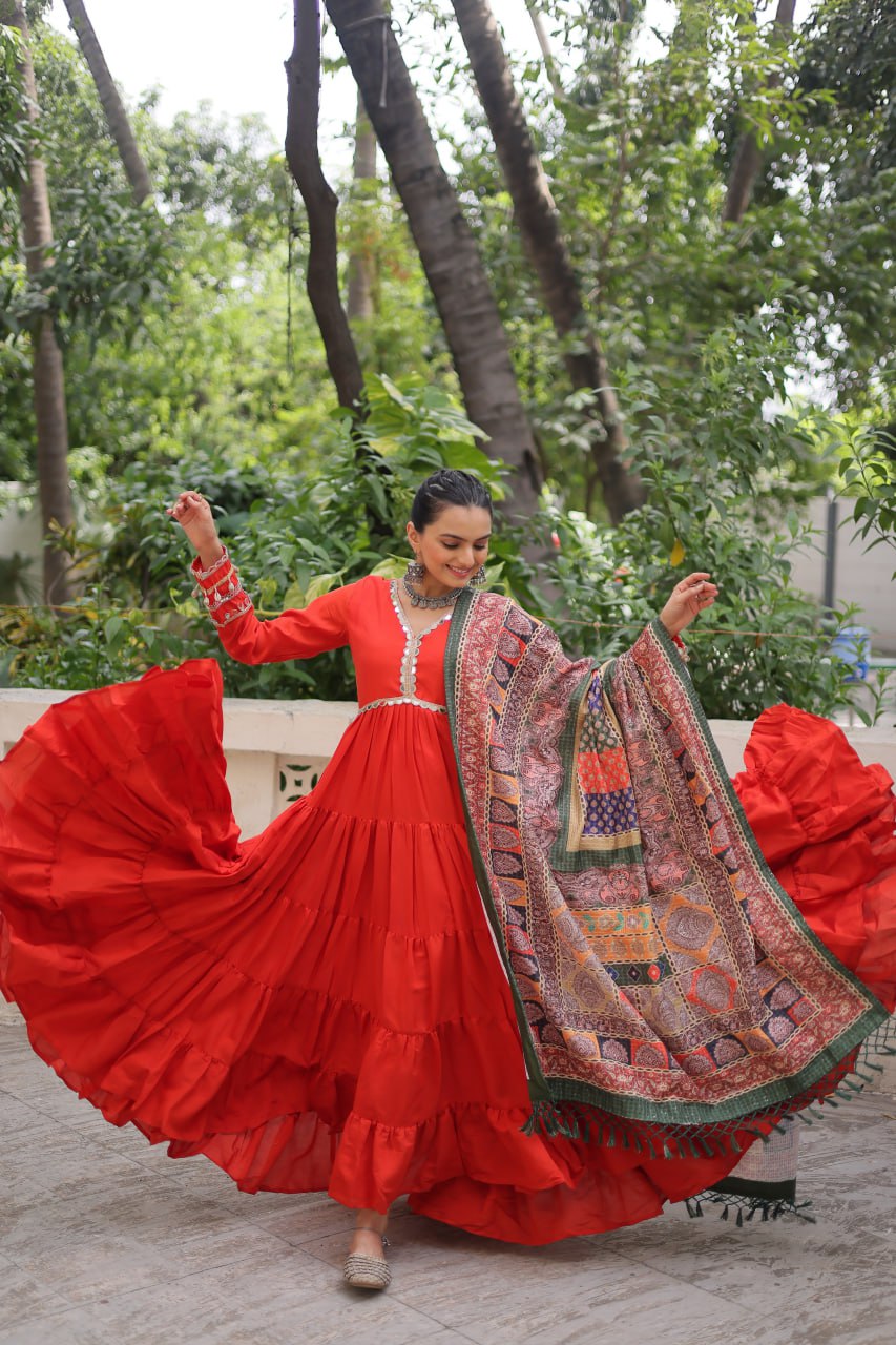 Roman Fabrics Gown with Maslin Crochet Dupatta