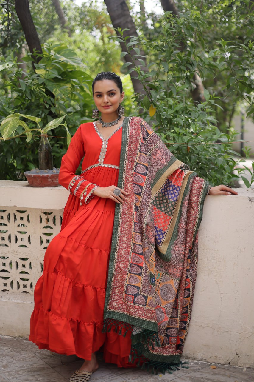 Roman Fabrics Gown with Maslin Crochet Dupatta
