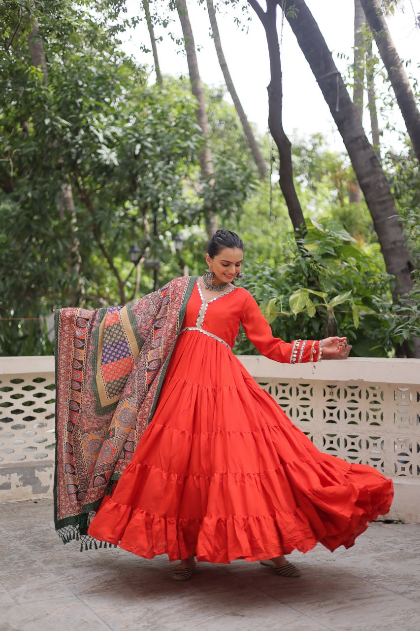 Roman Fabrics Gown with Maslin Crochet Dupatta