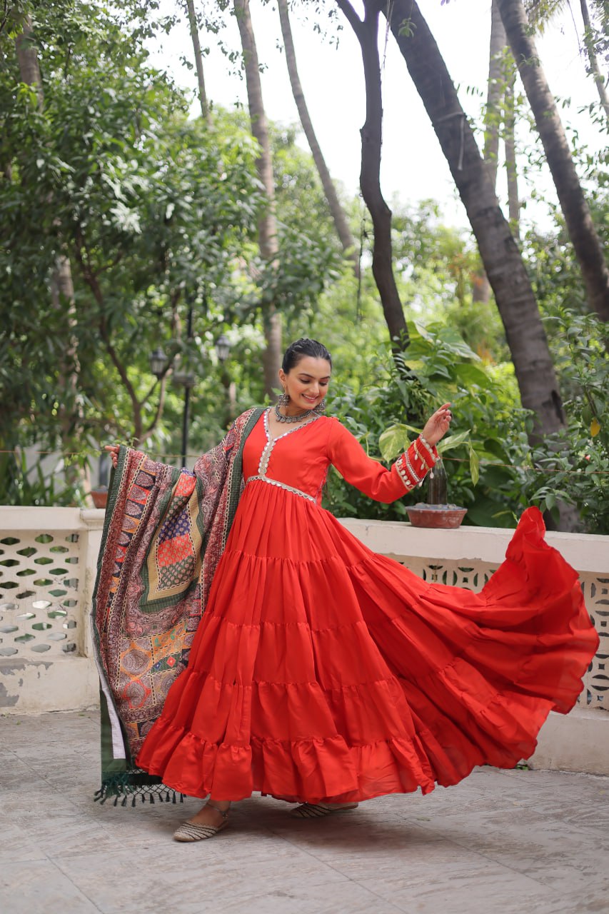 Roman Fabrics Gown with Maslin Crochet Dupatta
