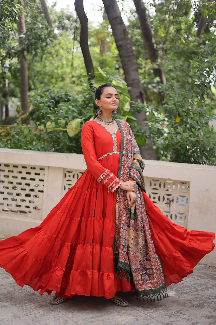 Roman Fabrics Gown with Maslin Crochet Dupatta