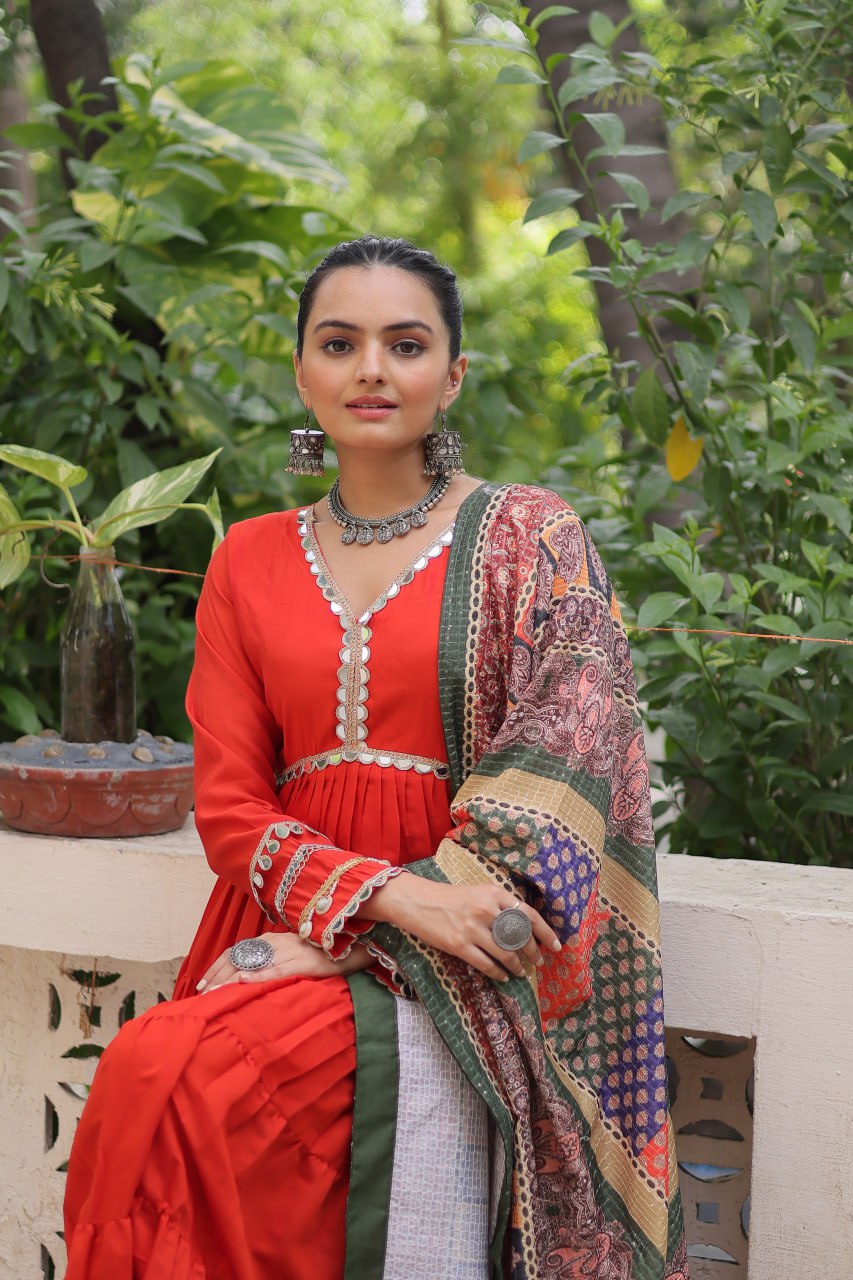 Roman Fabrics Gown with Maslin Crochet Dupatta