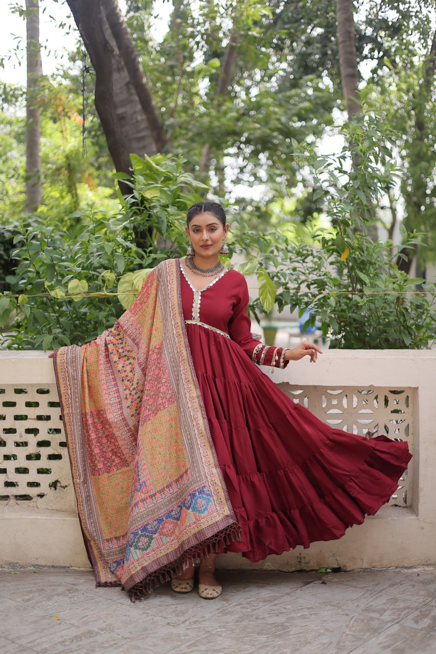 Roman Fabrics Gown with Maslin Crochet Dupatta
