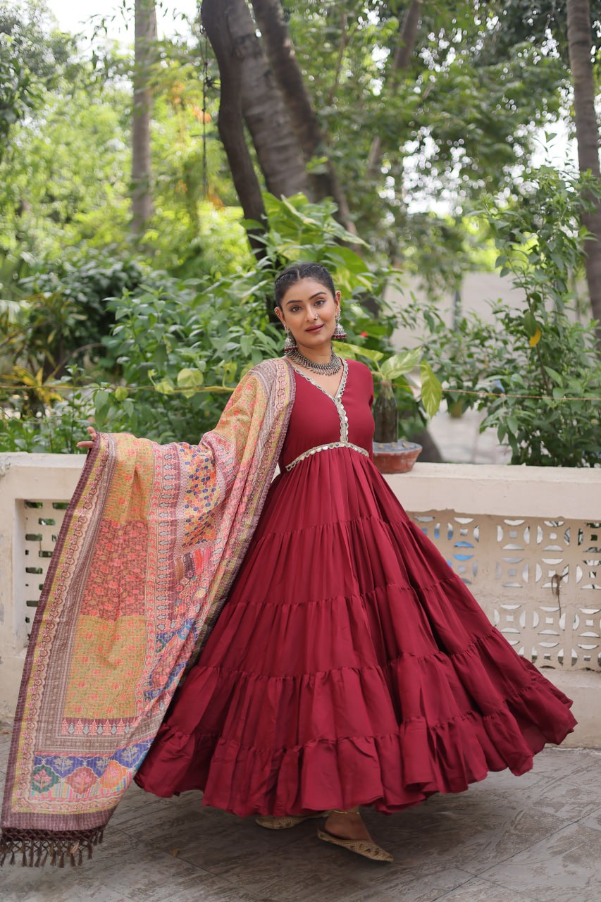 Roman Fabrics Gown with Maslin Crochet Dupatta