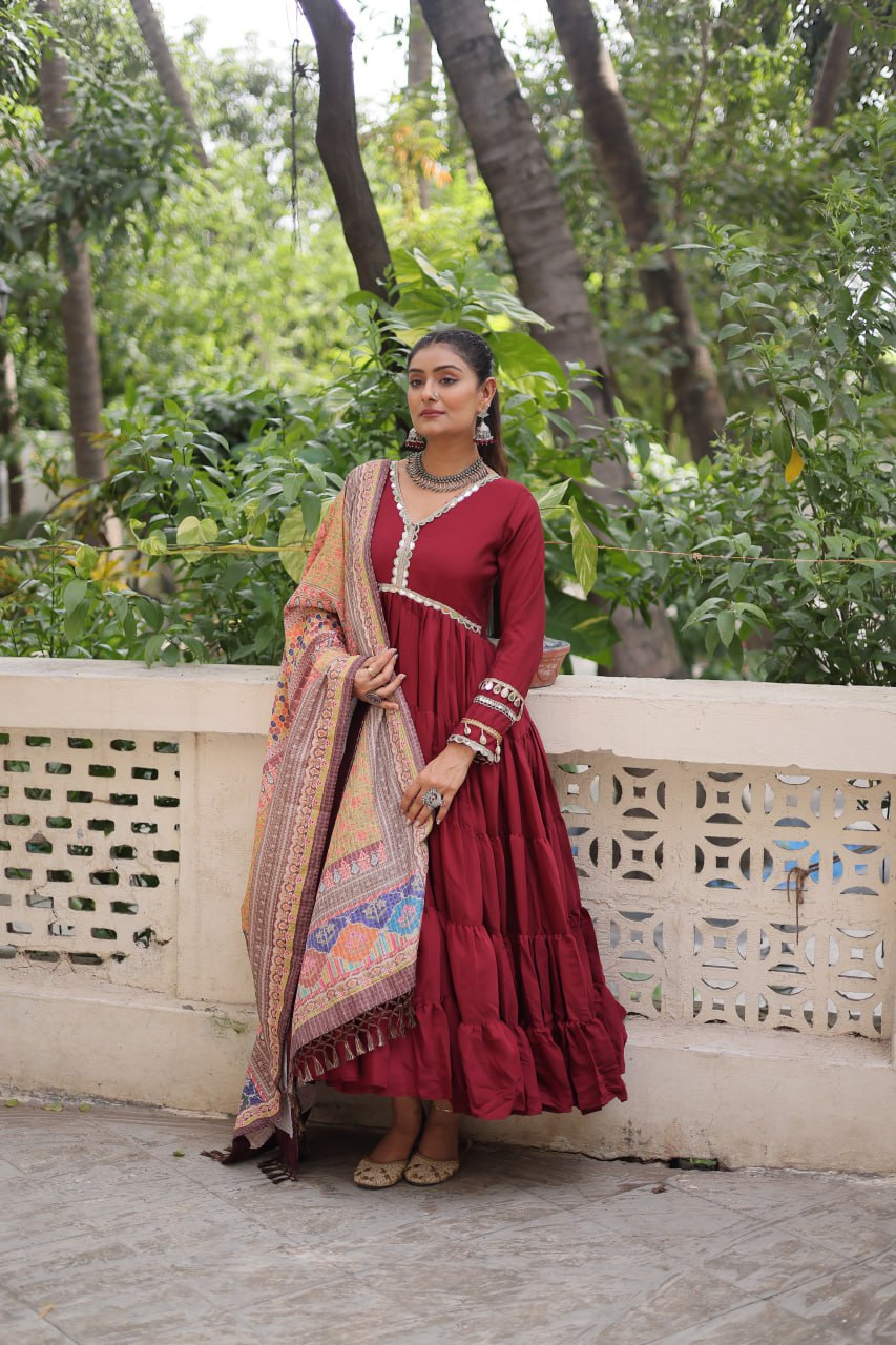 Roman Fabrics Gown with Maslin Crochet Dupatta