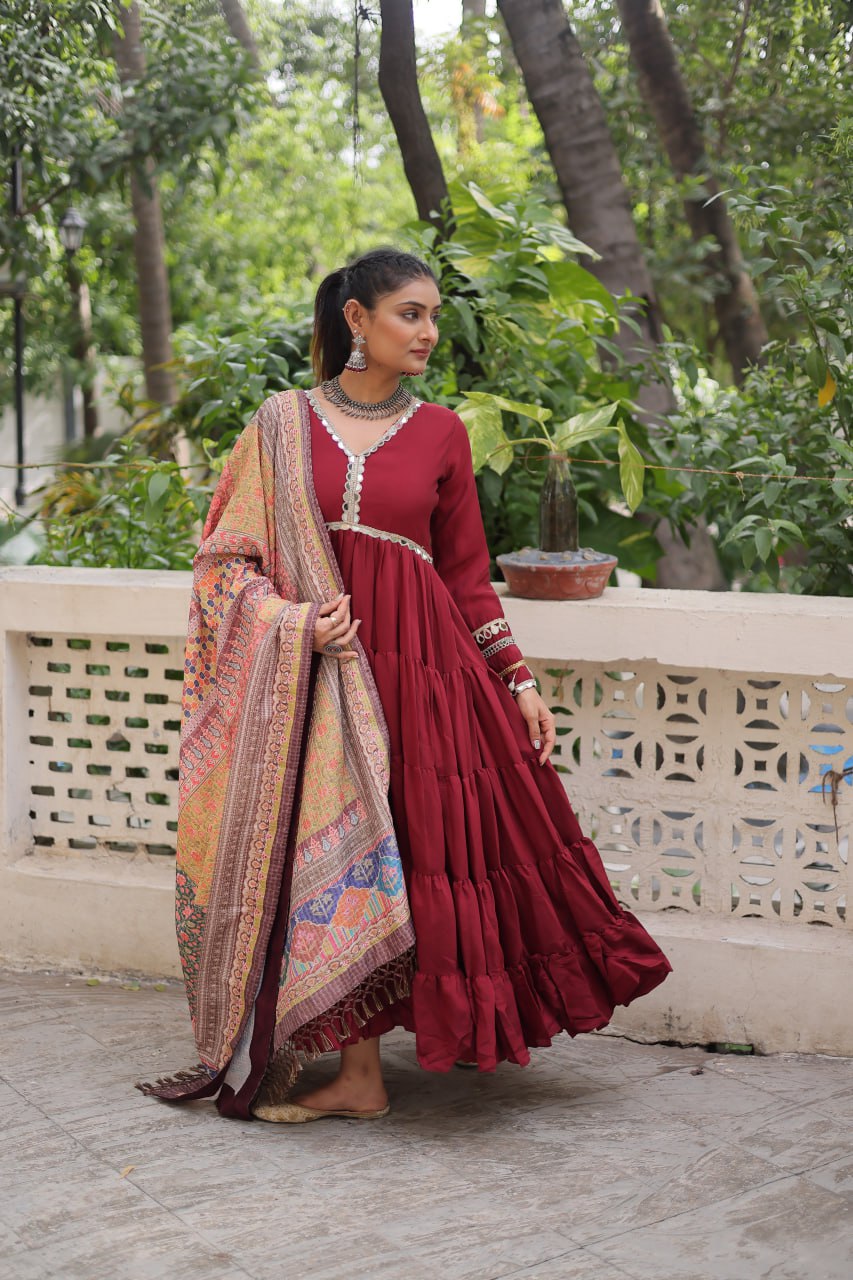 Roman Fabrics Gown with Maslin Crochet Dupatta