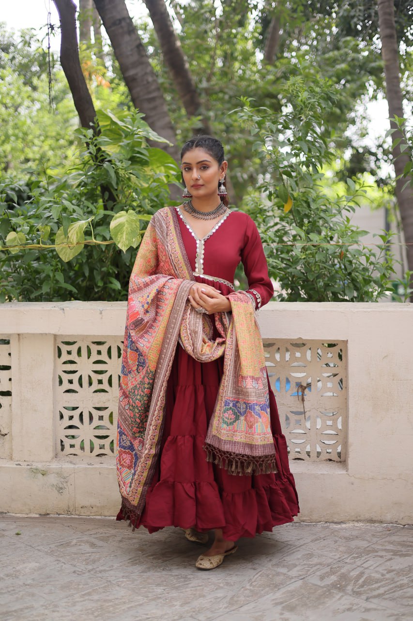 Roman Fabrics Gown with Maslin Crochet Dupatta