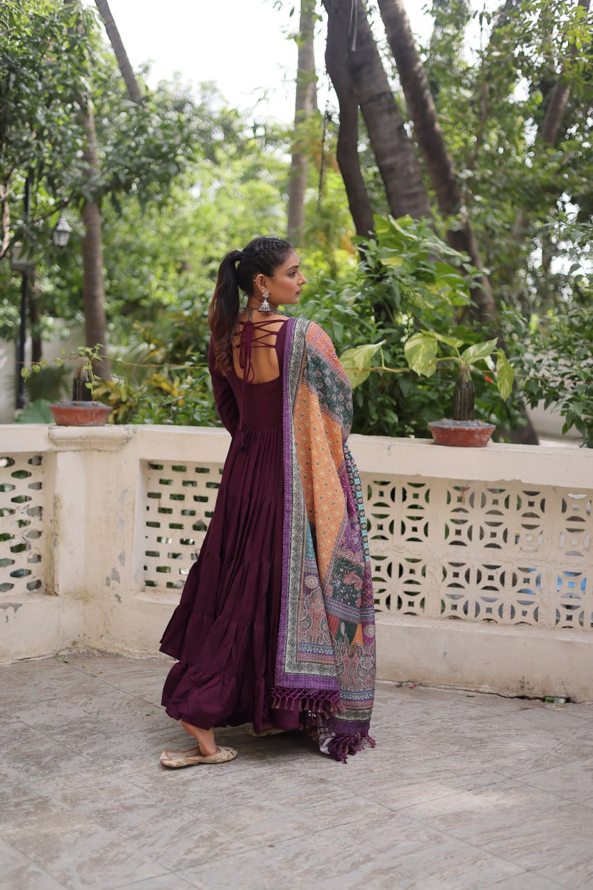 Roman Fabrics Gown with Maslin Crochet Dupatta