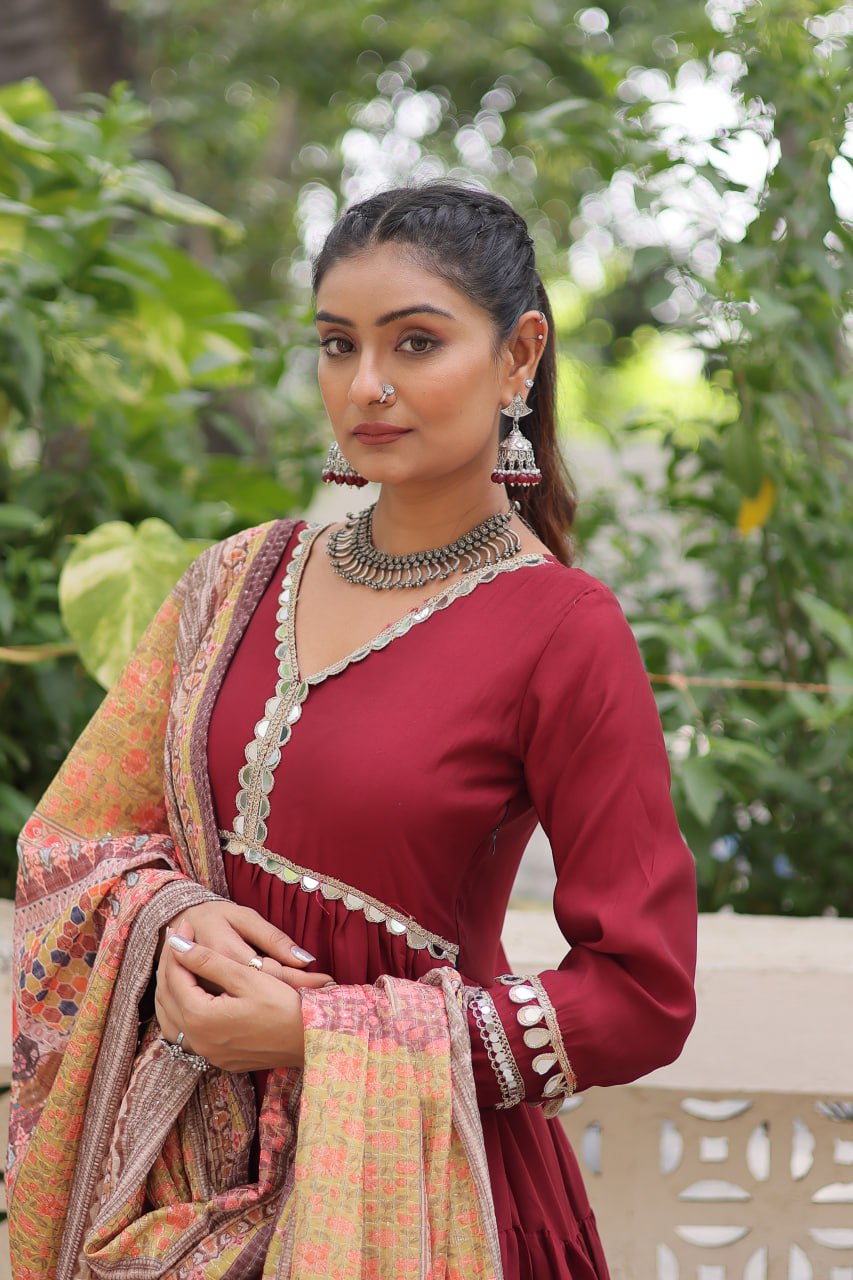 Roman Fabrics Gown with Maslin Crochet Dupatta