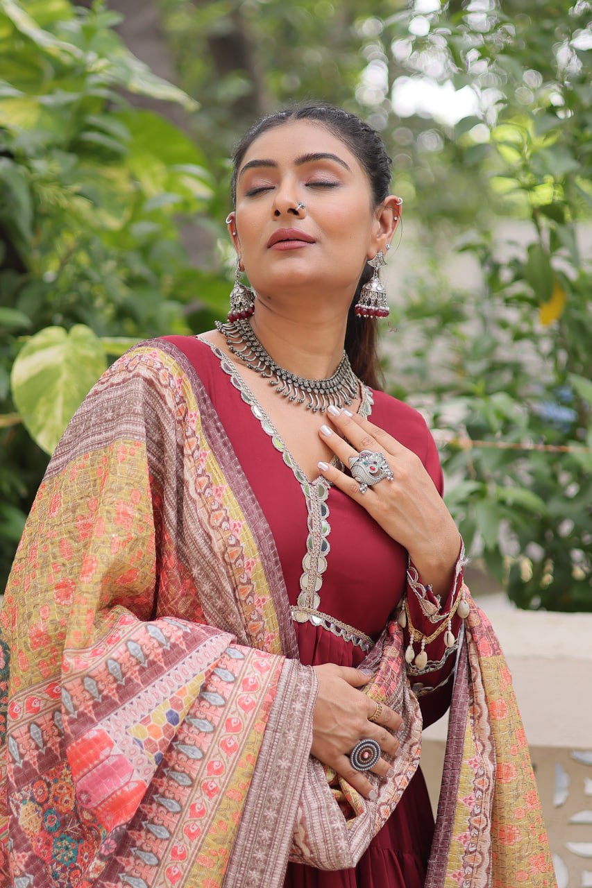 Roman Fabrics Gown with Maslin Crochet Dupatta