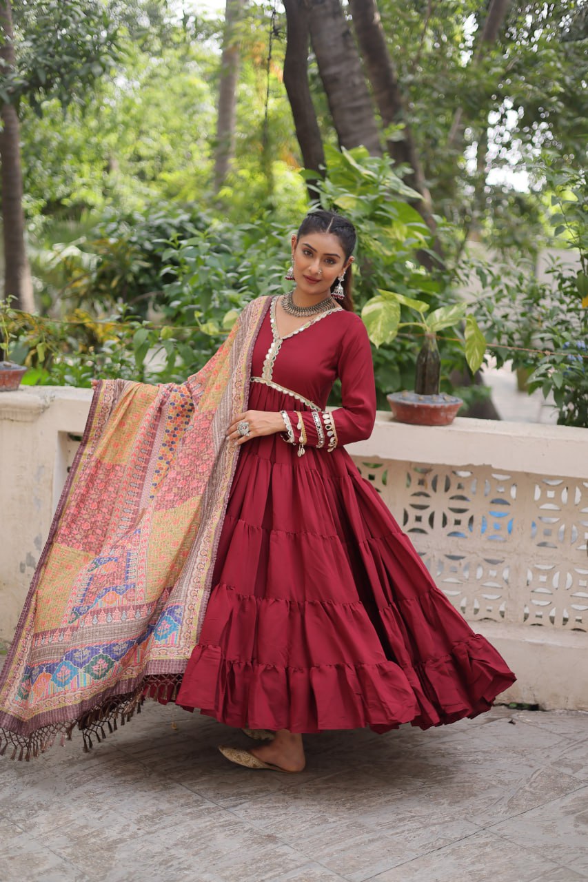Roman Fabrics Gown with Maslin Crochet Dupatta
