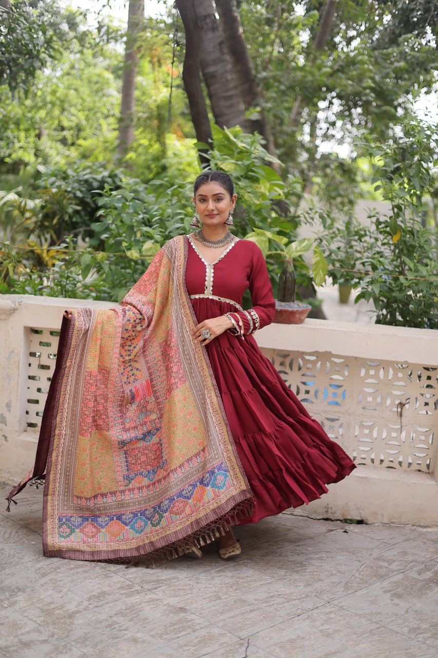 Roman Fabrics Gown with Maslin Crochet Dupatta