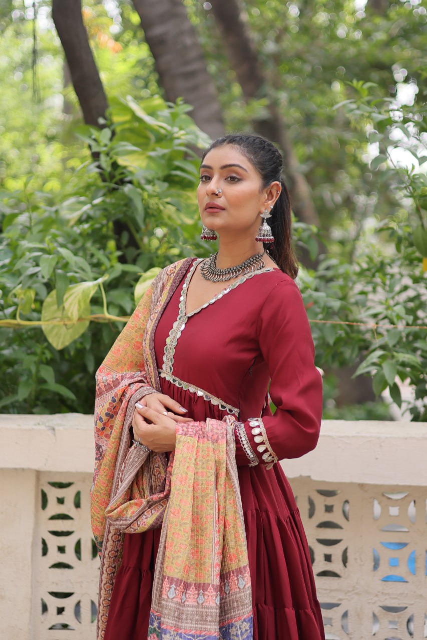 Roman Fabrics Gown with Maslin Crochet Dupatta