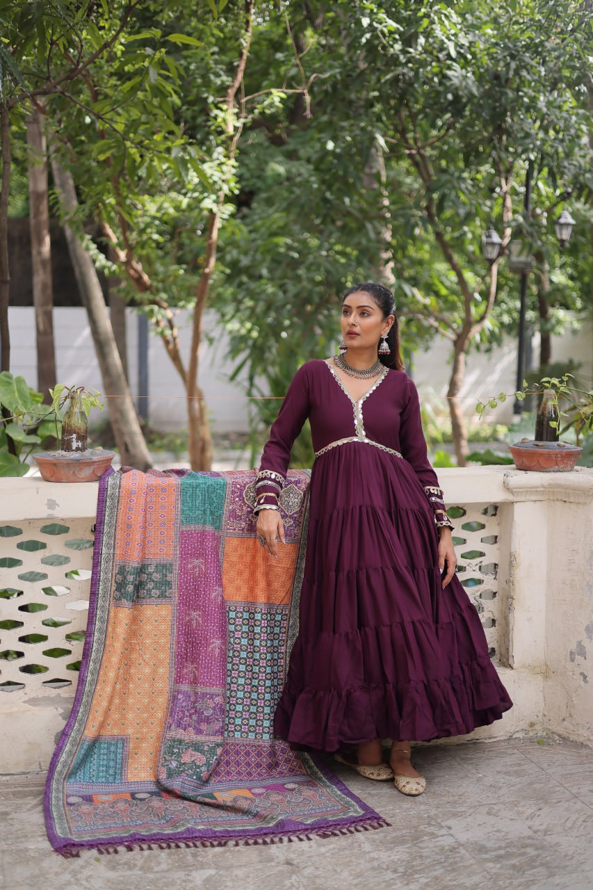 Roman Fabrics Gown with Maslin Crochet Dupatta