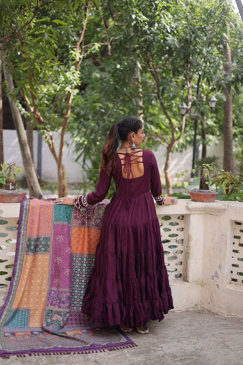 Roman Fabrics Gown with Maslin Crochet Dupatta