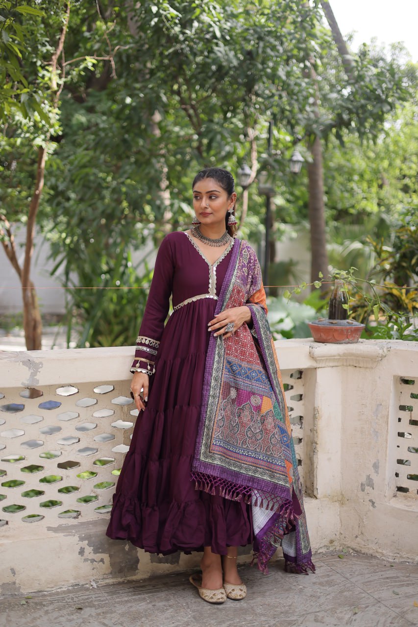 Roman Fabrics Gown with Maslin Crochet Dupatta