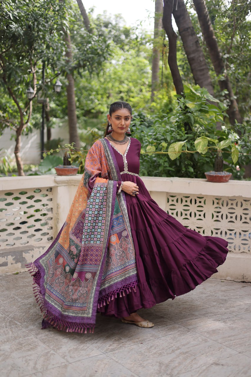 Roman Fabrics Gown with Maslin Crochet Dupatta
