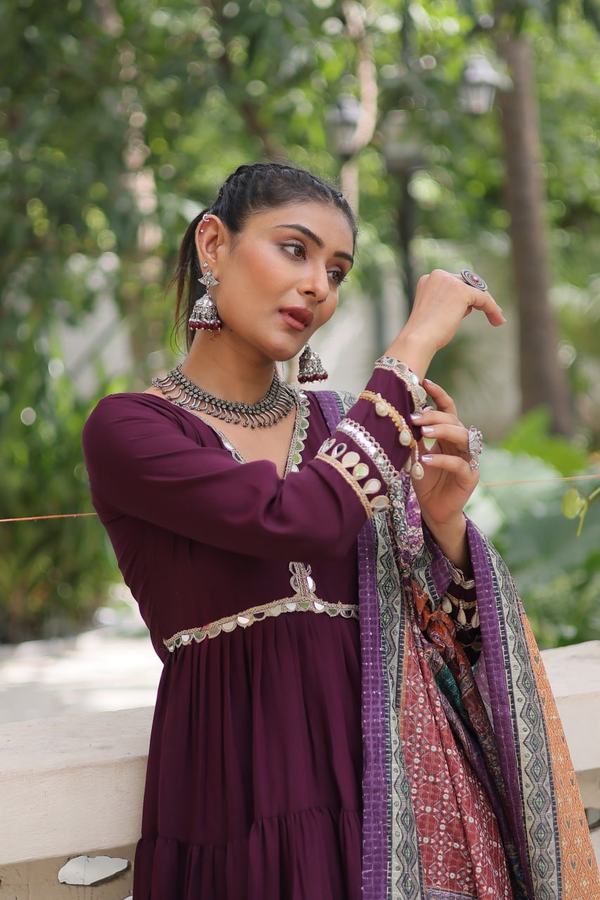 Roman Fabrics Gown with Maslin Crochet Dupatta