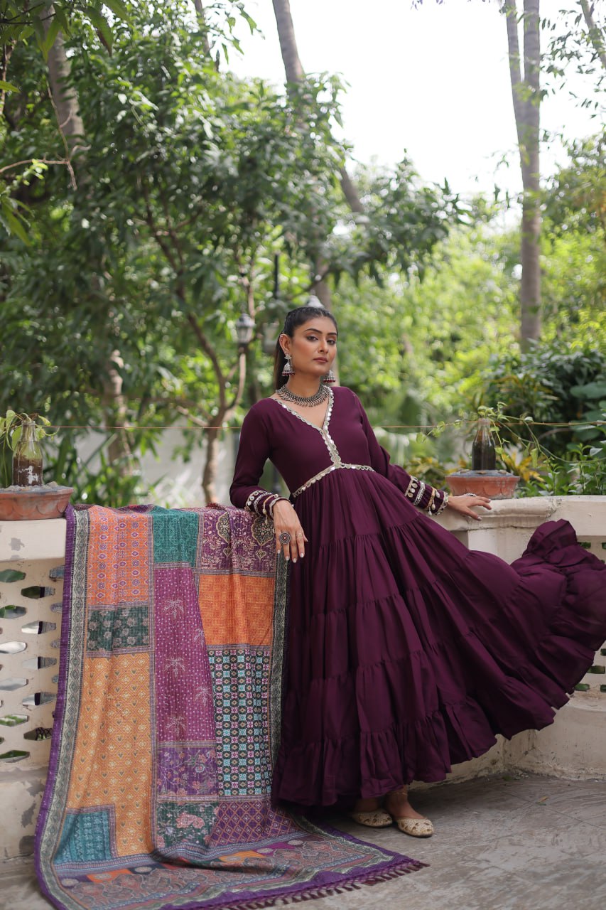 Roman Fabrics Gown with Maslin Crochet Dupatta