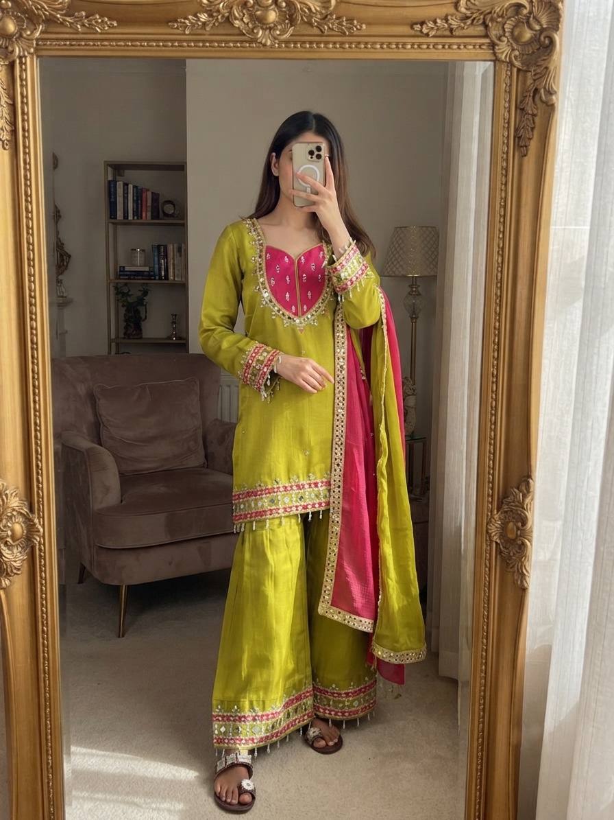 Roman Glass Sharara Suit with Mirror Work