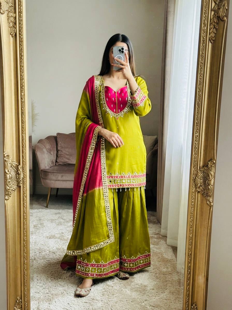 Roman Glass Sharara Suit with Mirror Work
