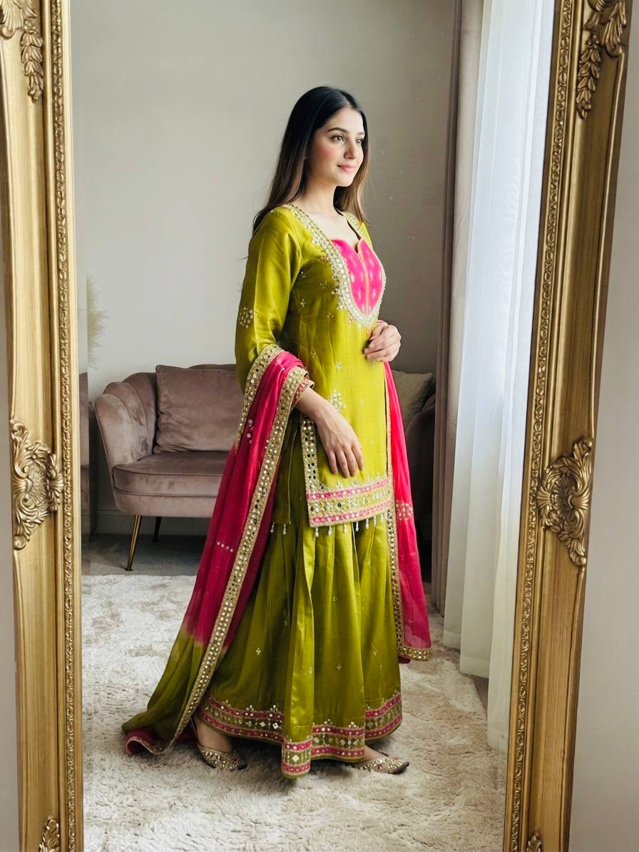 Roman Glass Sharara Suit with Mirror Work