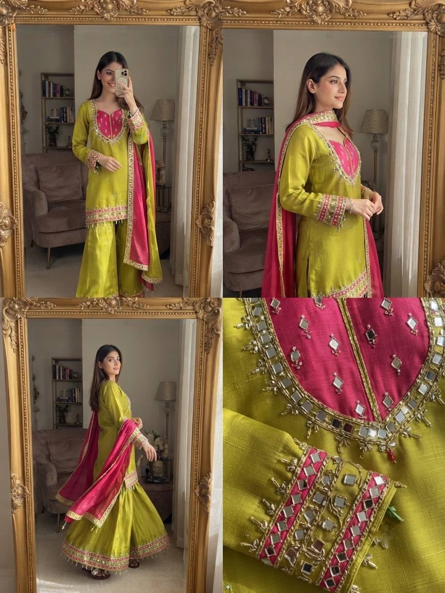 Roman Glass Sharara Suit with Mirror Work