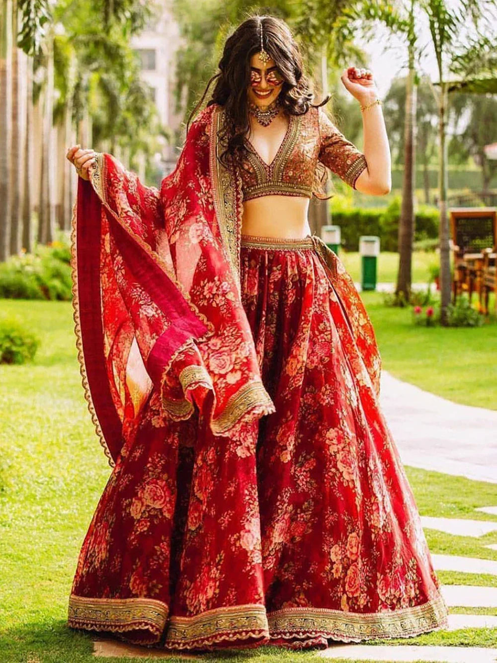 Maroon Sabyasachi Off Floral Printed Organza Bridal Lehenga Choli